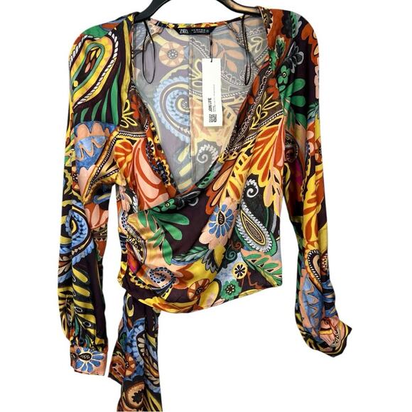 Zara multicolor printed crossover top wrap long sleeve blouse NWT - Picture 8 of 14